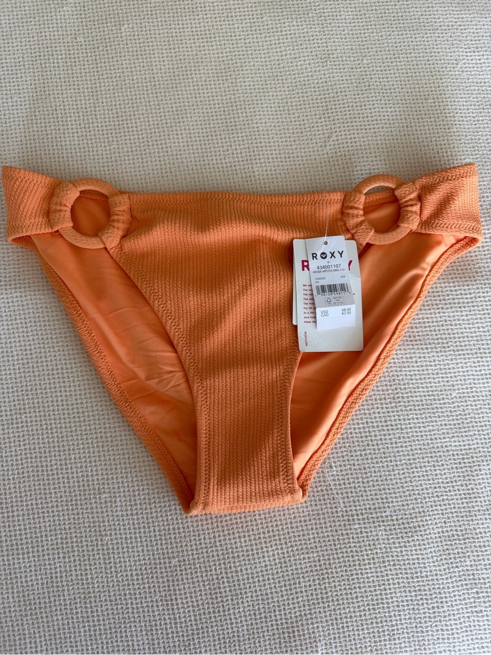 Roxy NWT Orange Ribbed Bikini Bottoms with Ring Detail